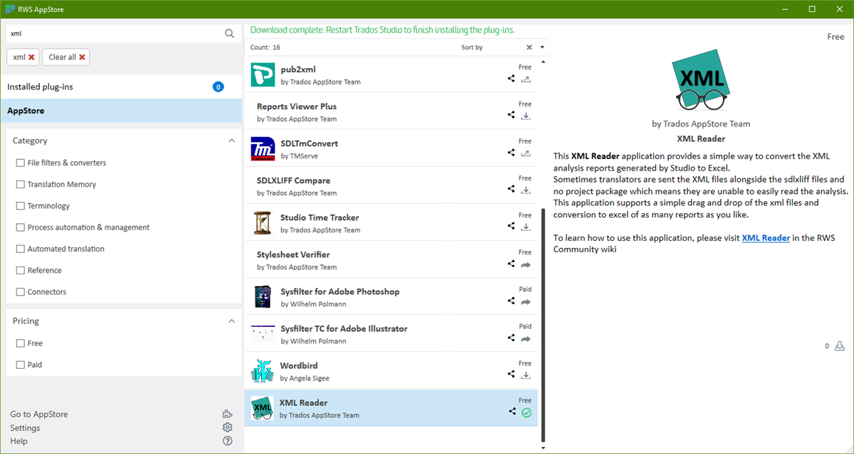 Screenshot showing the XML reader in the integrated appstore.