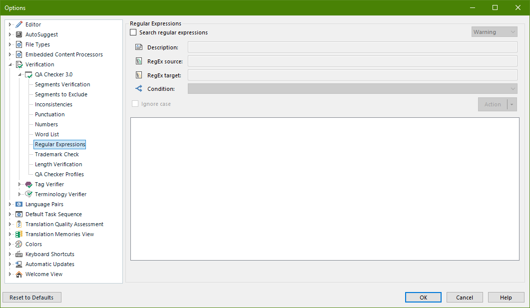 Screenshot showing the "Regular Expressions" pane under QA Checker 3.0