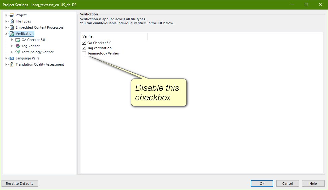 Screenshot showing where to disable the checkbox for terminology verification.