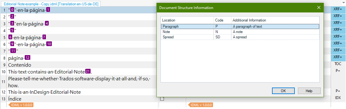 Screenshot showing the document structure information pane and a segment marked as a "Note"