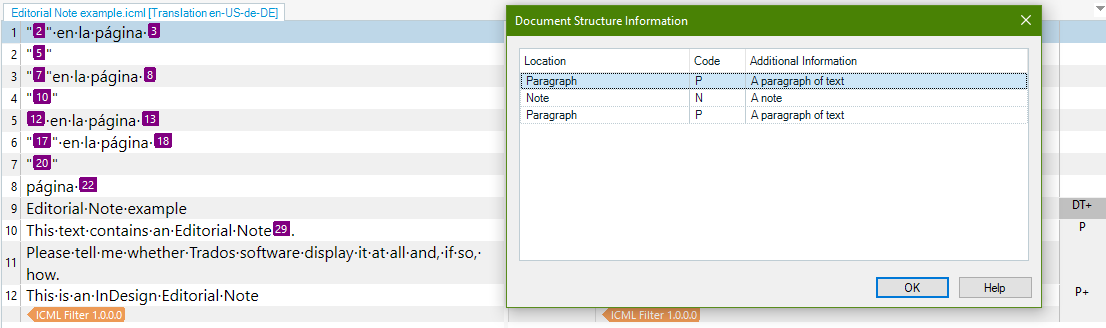 Screenshot showing an InCopy file open in the editor and a segment using the context "Note"