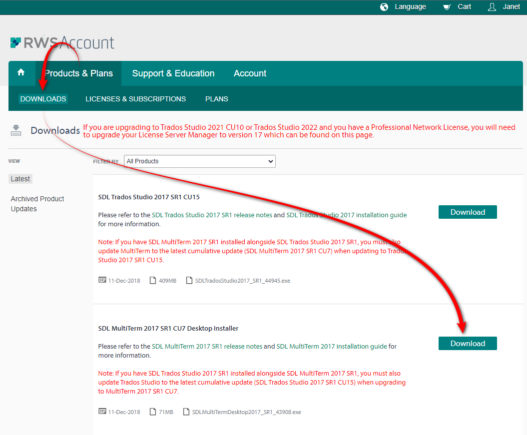 Screenshot showing where the latest update for MultiTerm 2017 is in your account