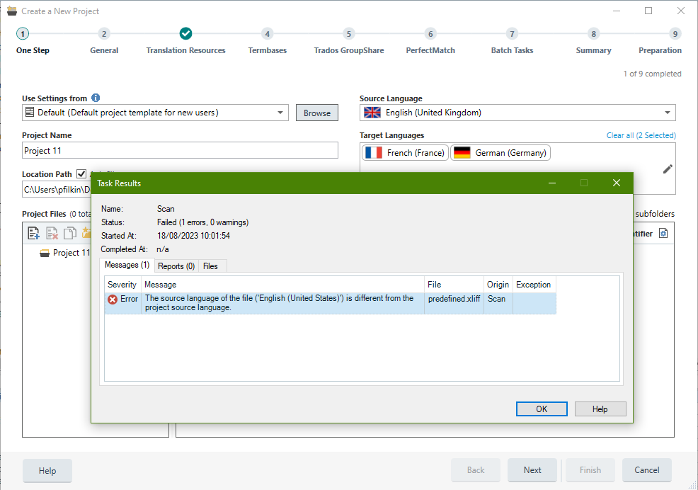 Screenshot showing an error when adding an XLIFF to a project that is set for different languages.