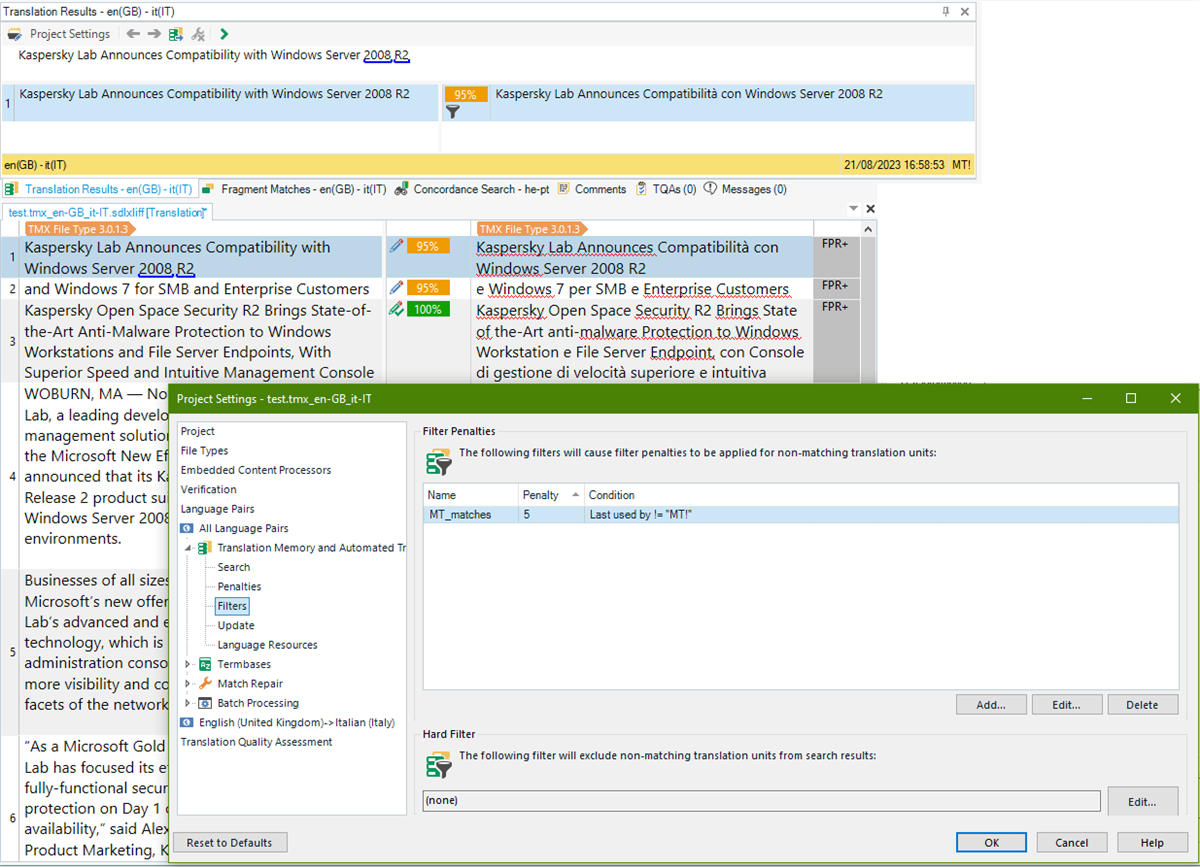 Screenshot showing a soft filter set to apply a penalty for the last used by field to ensure unchecked MT results in a TM are not seen as 100% matches.