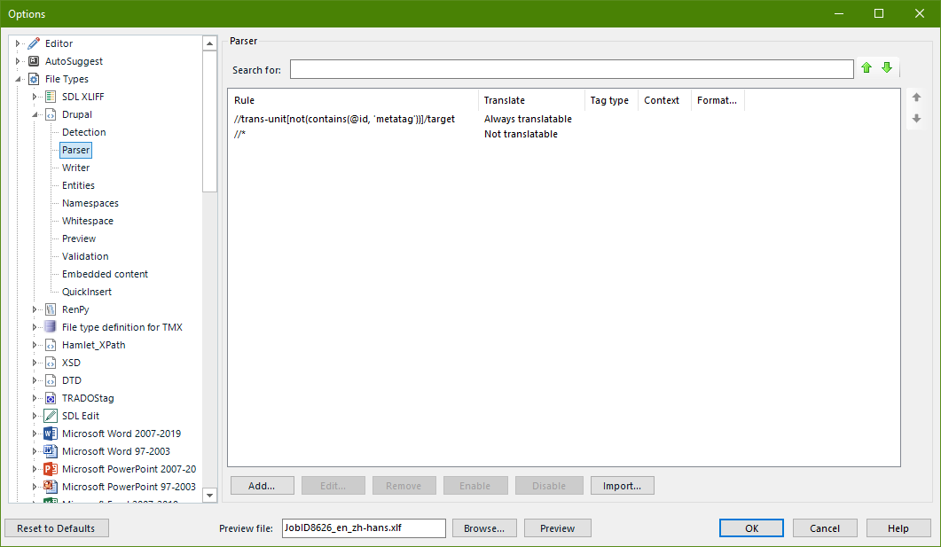 Screenshot showing the new parser rules in the filetype