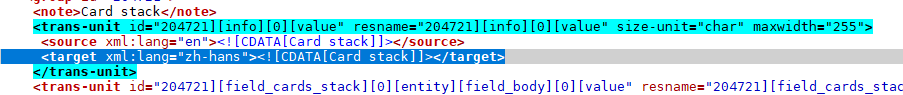 Screenshot showing the target element in the XLF with "Card Stack" written in it.