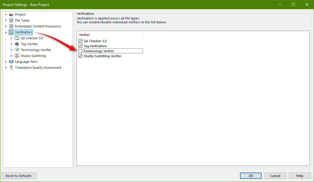 Screenshot showing where to disable the terminology verifier