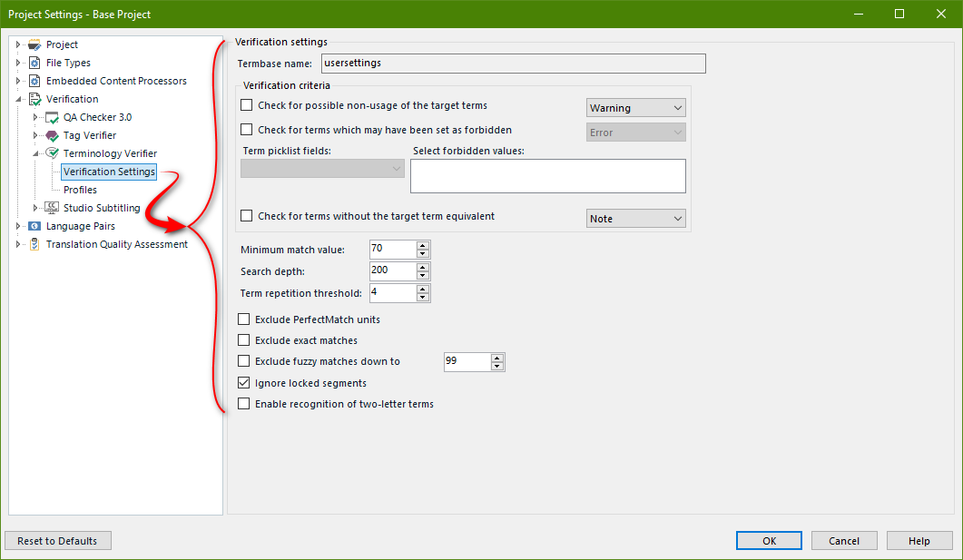 Screenshot showing the various options under the Verification Settings pane