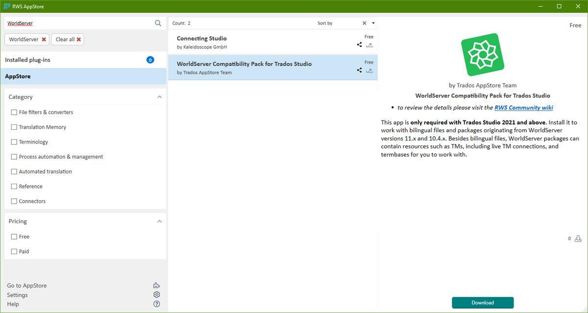 Screenshot showing the correct WorldServer plugin for 2022 SR1 CU8