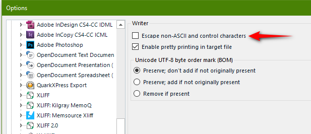 A software options window with a list on the left displaying various file formats such as 'Adobe InDesign CS4-CC ICML', 'Adobe Photoshop', 'OpenDocument Text Document', among others. On the right side, there are checkboxes for 'Writer' settings. The options include 'Escape non-ASCII and control characters' (with a red arrow pointing towards it), 'Enable pretty printing in target file', and settings related to 'Unicode UTF-8 byte order mark (BOM)' with options to 'Preserve', 'Add' or 'Remove'.