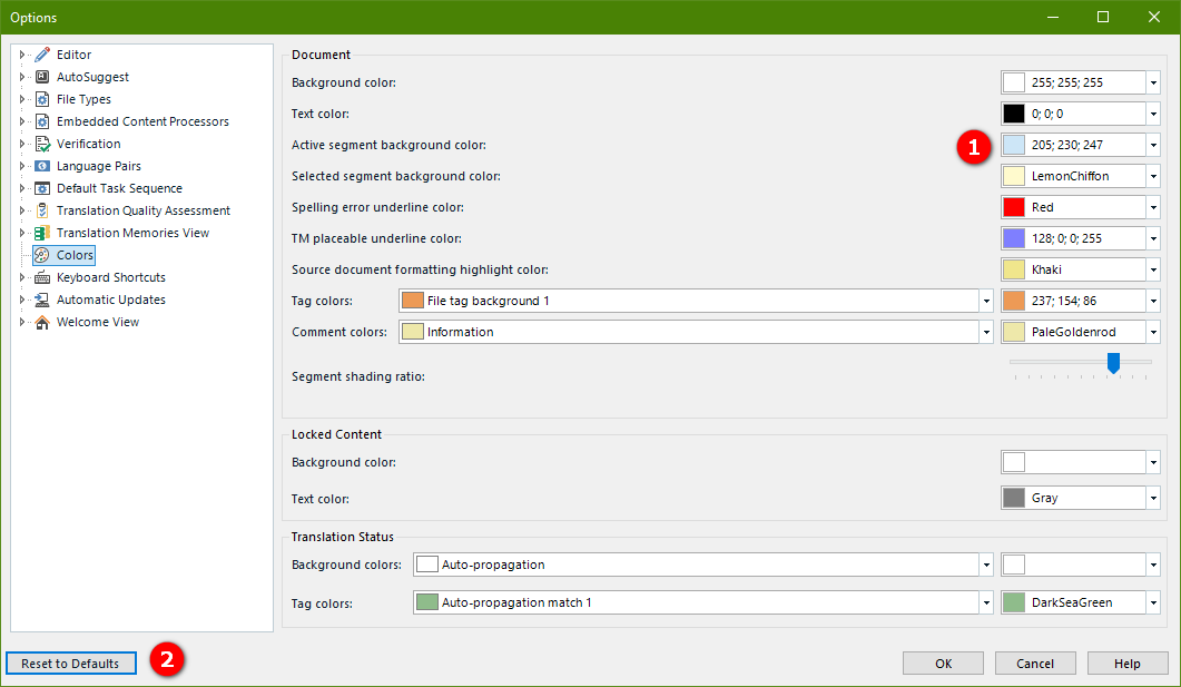 Screenshot of the 'Colors' settings within the Trados Studio options menu, showing customization options for document elements like background and text colors. A navigation pane on the left highlights the 'Colors' option as selected, and the main panel on the right displays various color configuration settings. A 'Reset to Defaults' button is visible at the bottom left, and there is a notification icon at the top right.