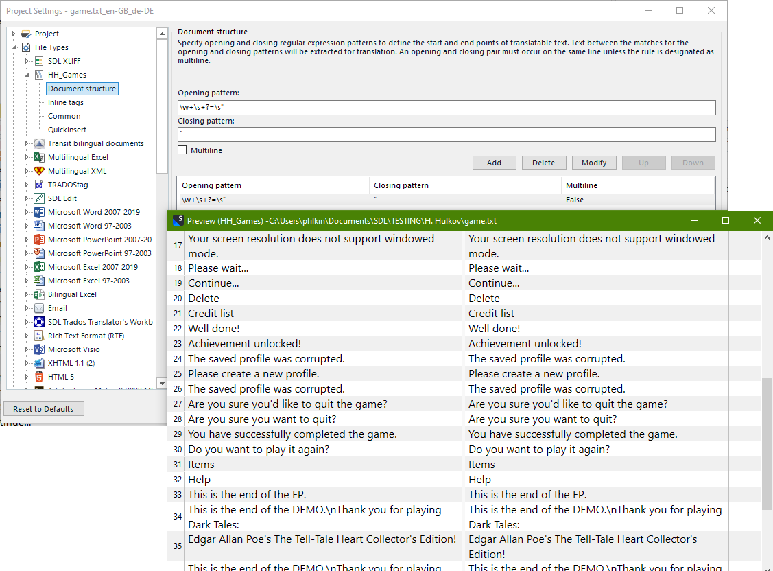 Screenshot showing the settings and preview of the custom filetype.