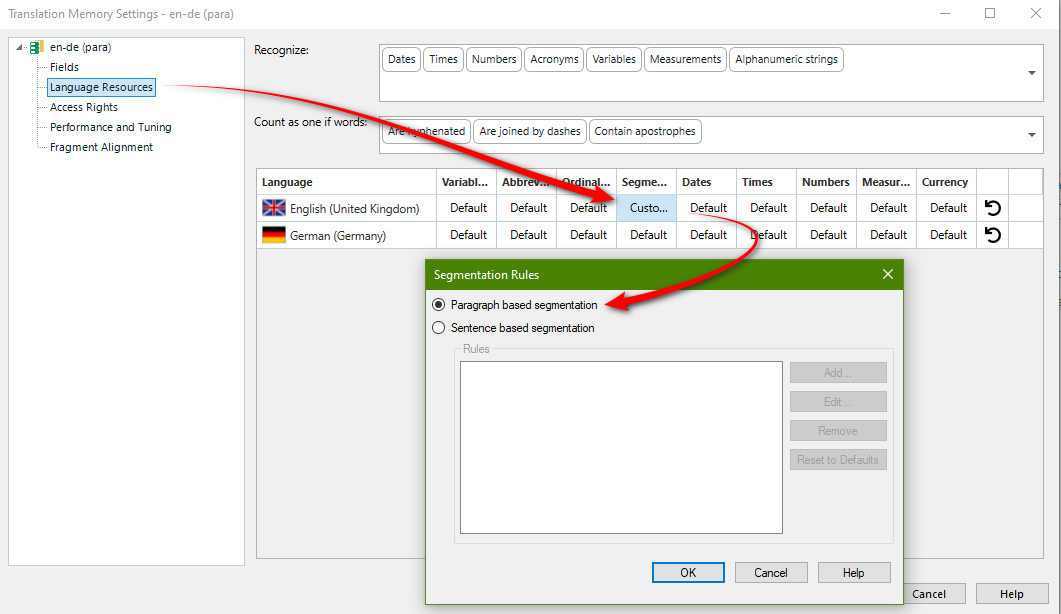 Screenshot showing the segmentation rules set to paragraph segmentation.