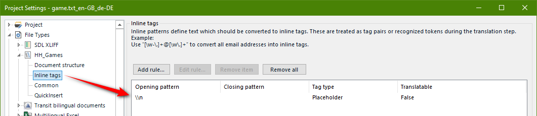 Screenshot of Trados Studio project settings with a red arrow pointing to the 'Add rule...' button in the 'Inline tags' section.