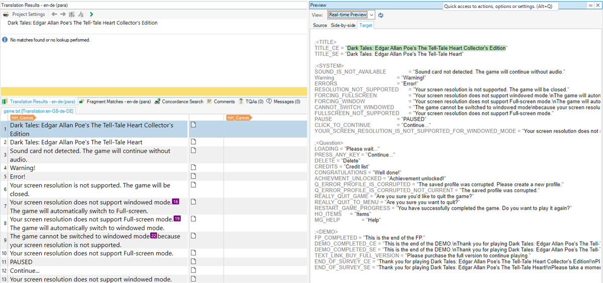 The image shows a screenshot of SDL Trados Studio with a translation project open. The left side displays a list of text items from a video game titled "Dark Tales: Edgar Allan Poe's The Tell-Tale Heart Collector's Edition" with various system messages and dialogue lines. On the right, the preview pane shows the source text with tags and translation variables for these items, such as game titles, error messages, and in-game notifications. Text related to screen resolution issues is highlighted, and numbers indicate comments or special instructions for translation.