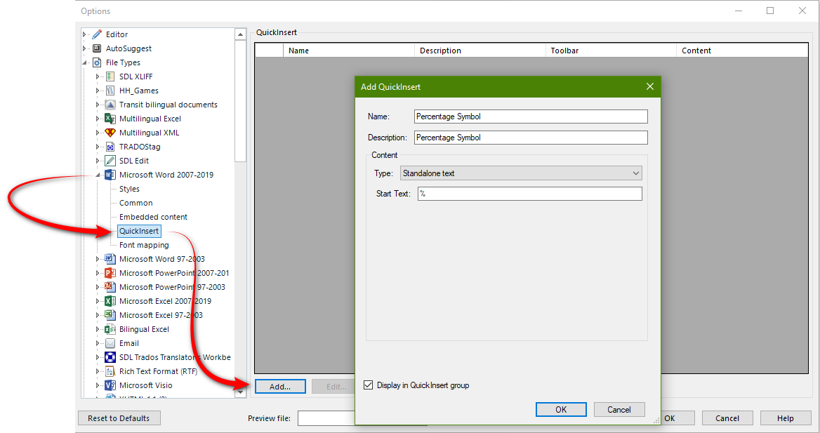 Studio filetype settings displaying an 'Options' menu with a selection for 'QuickInsert' and a dialogue window titled 'Add QuickInsert' used for adding a percentage symbol as a standalone text content type into the QuickInsert group.