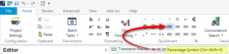 A screenshot of a translation software interface showing the top ribbon with various tabs like File, Home, Review, and others. A red arrow points to a QuickInsert toolbar button that appears to have been added recently, indicated by the floating tooltip 'Percentage Symbol (Ctrl+Shift+0)' which suggests a shortcut key for this function.