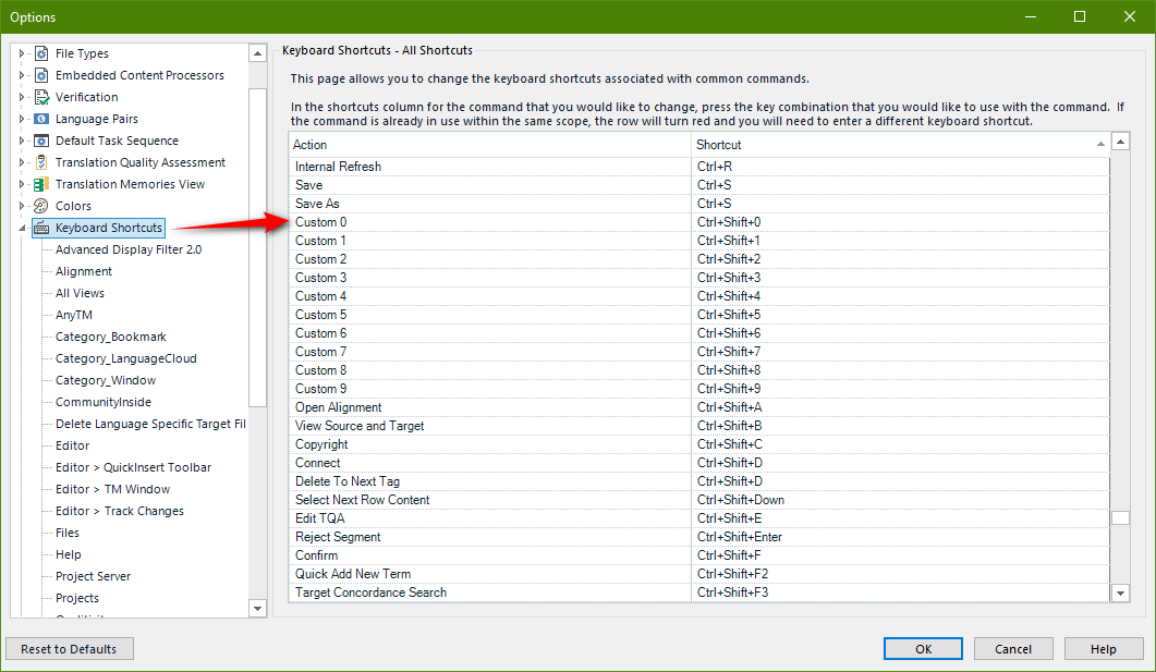 A screenshot of a software options menu with a focus on Keyboard Shortcuts settings. A red arrow points to the 'Keyboard Shortcuts' option in a sidebar on the left. On the right, there is a table of actions and their associated keyboard shortcuts. 'Custom 0' is assigned to 'Ctrl+Shift+0', along with a list of other custom shortcuts assigned to various 'Ctrl+Shift+Number' combinations.