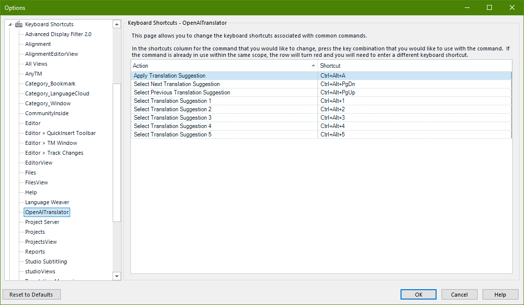  The image displays a screenshot of the 'Options' menu from a software application, specifically focused on the 'Keyboard Shortcuts' settings for a feature or plugin called 'OpenAITranslator'. On the left side, there is a navigation pane with various settings categories, where 'OpenAITranslator' is highlighted, indicating that it is the selected category. On the right side, there's a list of actions related to OpenAITranslator along with their corresponding keyboard shortcuts. Actions include 'Apply Translation Suggestion', 'Select Next Translation Suggestion', 'Select Previous Translation Suggestion', and 'Select Translation Suggestion 1' through 'Select Translation Suggestion 5'. The shortcuts are combinations of Ctrl, Alt, and other keys like 'A', Page Down (PgDn), Page Up (PgUp), and numbers 1 to 5. The background is a standard Windows interface with the 'OK', 'Cancel', and 'Help' buttons at the bottom right.