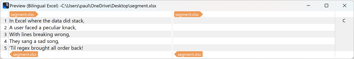 A screenshot of the Bilingual Excel Filetype preview in Trados Studio. The window shows a spreadsheet with five rows, each containing one line from a poem. The lines are correctly segmented, indicating that the text has been properly processed for translation or editing. 