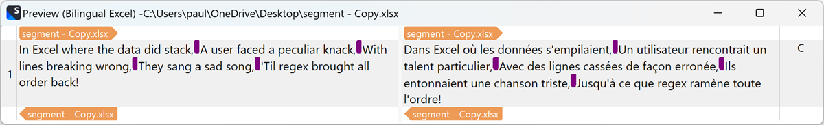 A screenshot from Trados Studio's preview of a bilingual Excel file, titled 'segment - Copy.xlsx', showing an issue with segmentation. The preview displays a single cell containing an English poem and its French translation, but the text is not properly segmented. The lines of the poem and their corresponding translations are placed continuously in one cell, with visible segmentation markers (purple squares) inserted at incorrect positions.