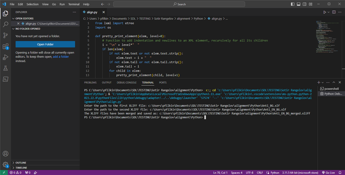 Screenshot showing Visual Studio Code and the running of the Python script.