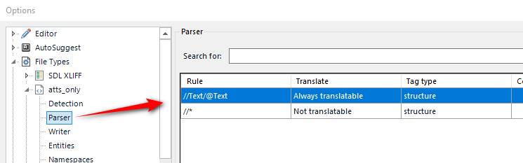 Image shows the location of the parser rules for a custom XML filetype in Trados Studio.