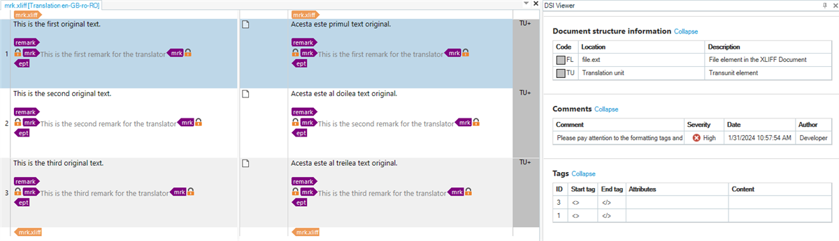 Screnshot of the STudio Editor and the DSI Viewer showing the XLIFF sample opened and displaying the information available to the user .