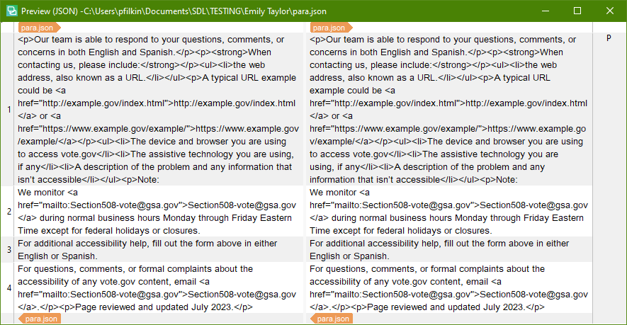 Screenshot of JSON preview in Trados Studio with unprocessed embedded HTML content, showing cluttered text with HTML tags.