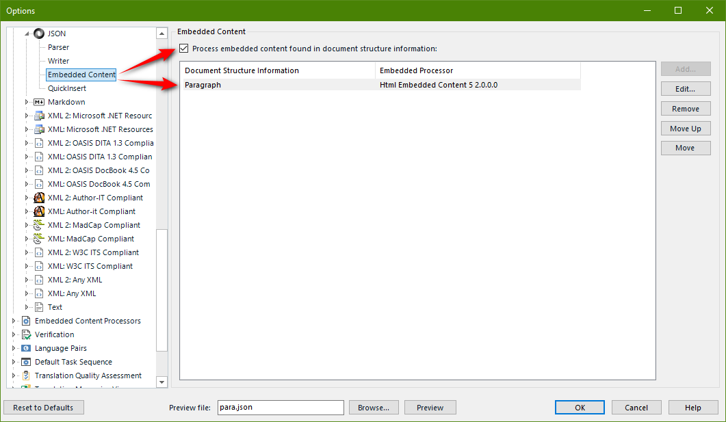 Screenshot of Trados Studio options menu highlighting 'Embedded Content' settings for processing HTML content in JSON files.