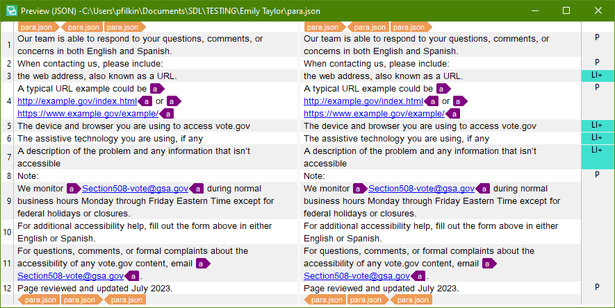 Screenshot of JSON preview in Trados Studio with processed embedded HTML content, displaying clean and readable text without HTML tags.