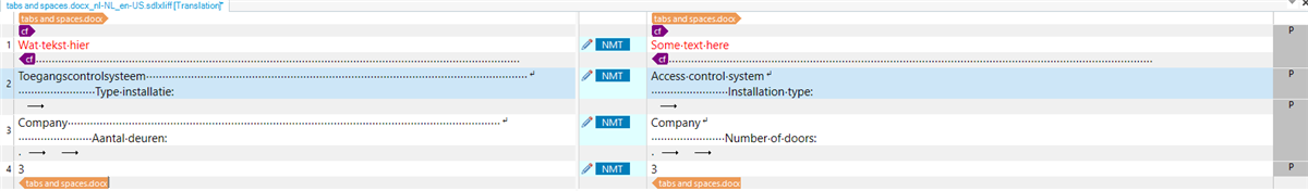 Screenshot of Trados Studio 2022 showing a translation comparison with missing spaces before line breaks in the target text.