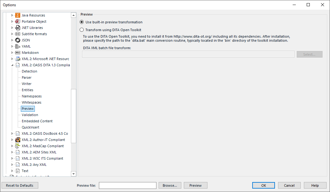 Trados Studio Options window with XML 2 OASIS DITA 1.3 file type selected, showing Preview settings with options for built-in preview transformation and DITA Open Toolkit transformation.