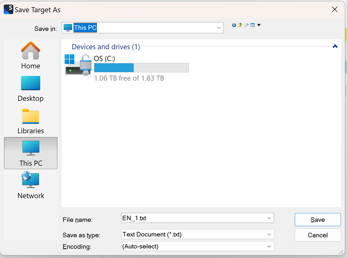 Trados Studio screenshot displaying 'Save Target As' dialog box with 'This PC' selected showing devices and drives.