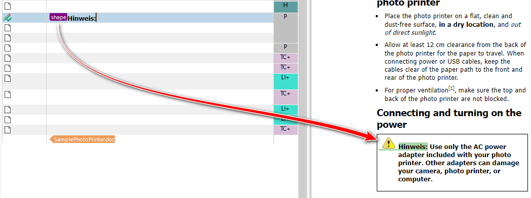 Trados Studio screenshot showing a tag labeled 'shapeHinweis' in segment #9, with a red arrow pointing to a warning icon in the preview pane indicating 'Use only the AC power adapter included with your photo printer.'