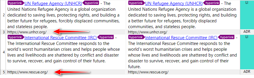 Screenshot of Trados Studio showing extracted hyperlinks with tags and Automated Translation status underlined in blue.