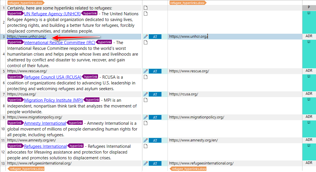 Screenshot of Trados Studio with a list of hyperlinks and their corresponding Automated Translation status highlighted.