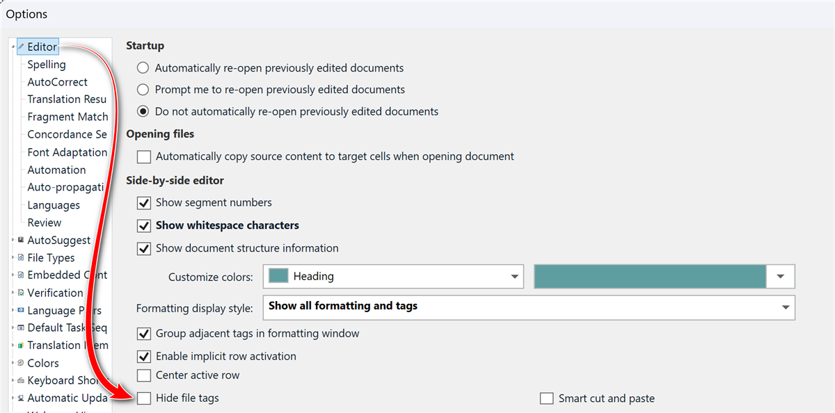 Trados Studio options menu with 'Editor' settings visible, highlighting the 'Hide file tags' option which is unchecked.