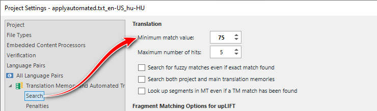Trados Studio project settings with minimum match value set to 75 highlighted by a red arrow.