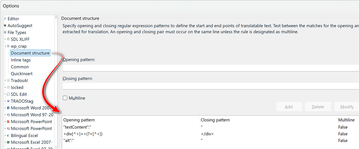 Screenshot of Trados Studio settings with a red curved arrow pointing from 'Document structure' to 'Inline tags' in the options menu, indicating a change in settings.