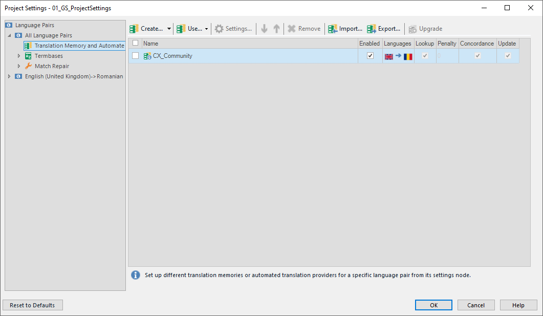 Screenshot of Trados Studio Project Settings window showing Language Pairs, Translation Memory and Automated Translation, Term bases, and Match Repair settings for English (United Kingdom) to Romanian with a CX_Community translation memory enabled.