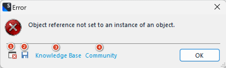 Error dialog box from Trados Studio with a red cross symbol, displaying the message 'Object reference not set to an instance of an object.' Below are four options: 1. Save error details, 2. Copy error details, 3. Knowledge Base search, 4. Community search.