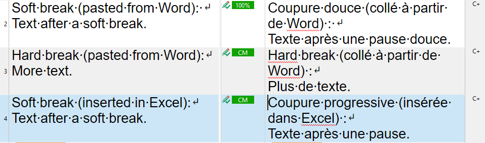 Screenshot of Trados Studio showing text segments with 100% match and CM (Context Match) indicators. No visible errors or warnings.