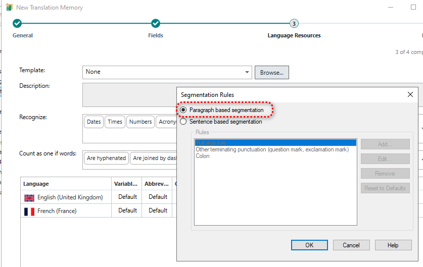 Screenshot of Trados Studio's 'New Translation Memory' dialog with 'Paragraph based segmentation' selected in the 'Segmentation Rules' section. No visible errors.