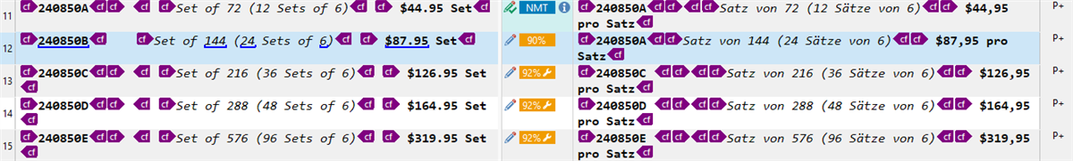 Screenshot of Trados Studio interface showing segments 11 to 15 with alphanumeric codes, purple tags, and percentage match rates.