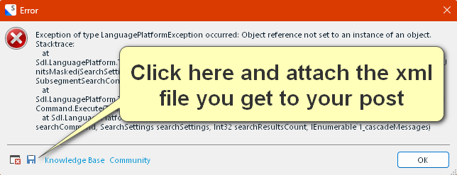 Error dialog box with a red cross icon, displaying 'Exception of type LanguagePlatformException occurred: Object reference not set to an instance of an object.' with a stack trace snippet.