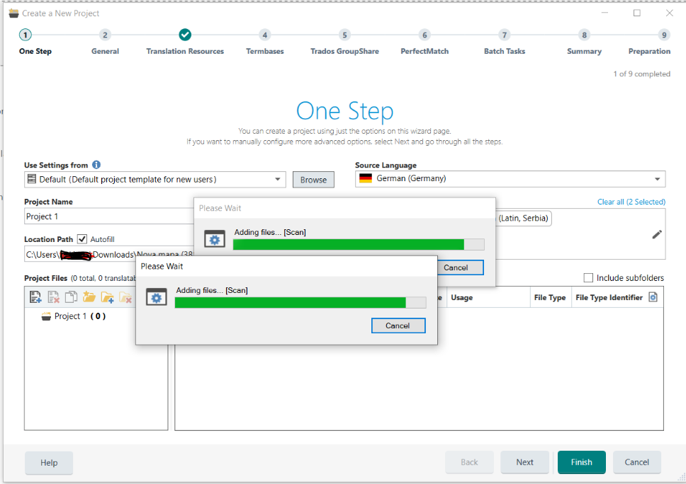 Trados Studio screenshot showing the 'Create a New Project' wizard with a 'Please Wait' message and a progress bar indicating 'Adding files... Scan' in the 'One Step' tab. Source language is set to German (Germany).