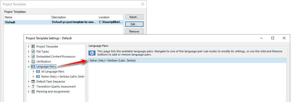 Trados Studio Project Templates window showing Default template with Language Pairs setting highlighted, displaying Italian (Italy) to Serbian (Latin, Serbia) language pair.