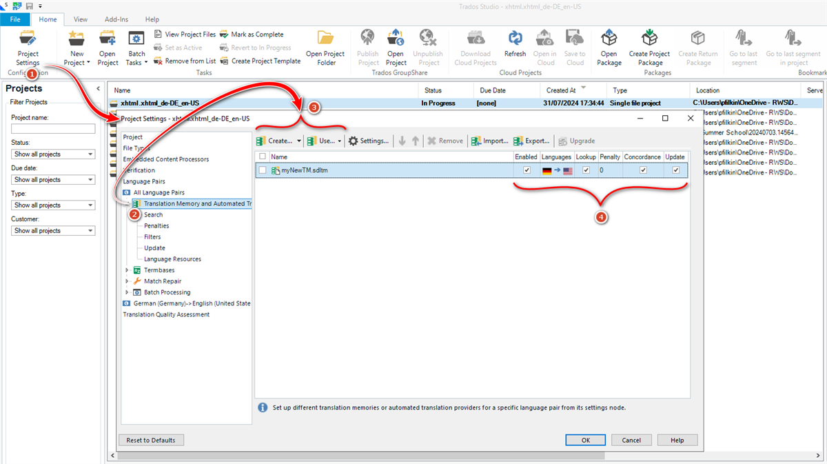 Screenshot of Trados Studio showing the process to create a translation memory. Step 1 is highlighted in the Project Settings menu, Step 2 in the Translation Memory and Automated Translation submenu, Step 3 shows the 'Create' button for a new Translation Memory, and Step 4 indicates the 'Update' checkbox.