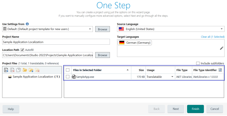 Trados Studio One Step project creation wizard with 'Sample Application Localization' as the project name, source language set to English (United States), and target language set to German (Germany).